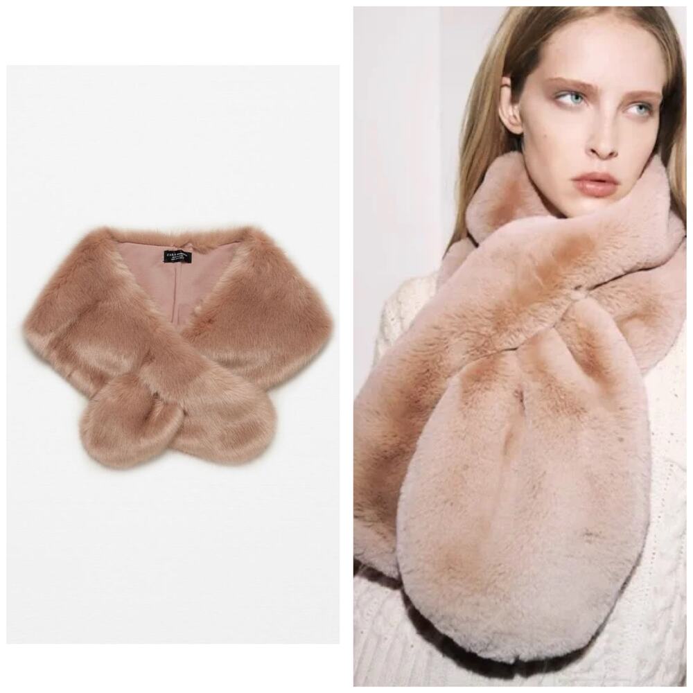 Zara Plushy Faux Fur Stole Scarf Wrap Dusty Pink Tan